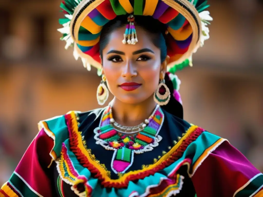 Un bailarín tradicional mexicano en un traje vibrante y detallado, capturado en movimiento con una pose poderosa y orgullosa