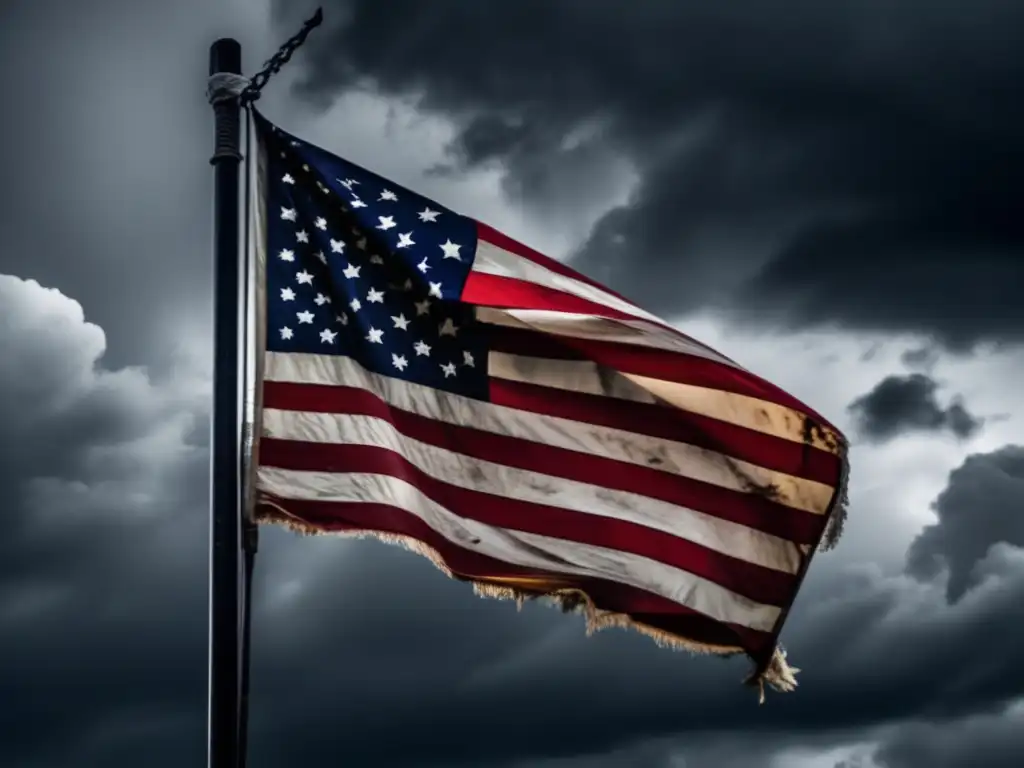 Una bandera estadounidense desgarrada cuelga de un mástil roto, evocando el estallido de la Guerra Civil Americana