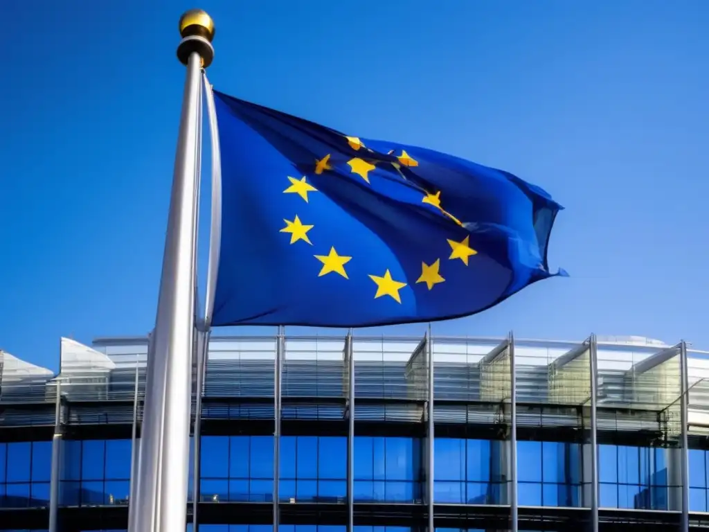 La bandera de la Unión Europea ondea frente al Parlamento Europeo en Bruselas, simbolizando la historia de la Unión Europea