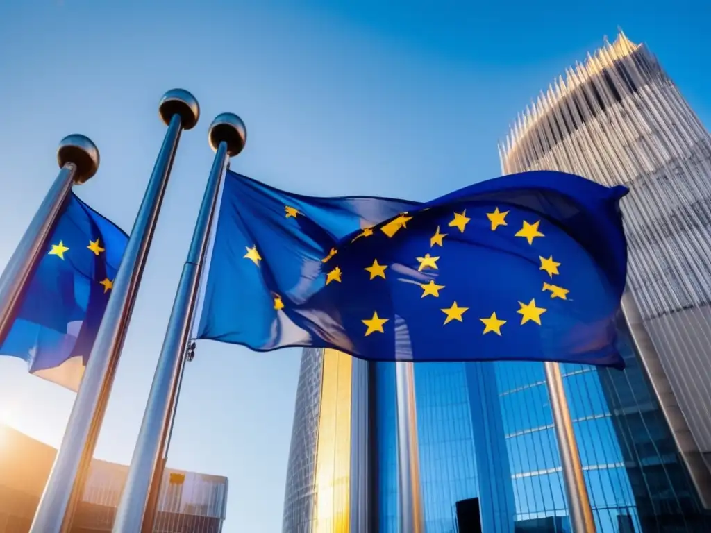 La bandera de la Unión Europea ondea frente a la moderna arquitectura de Bruselas, con el Parlamento Europeo destacado al fondo