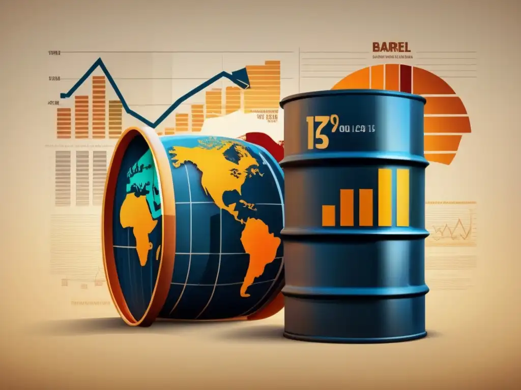 Un barril de petróleo grabado con un mapa mundial, rodeado de indicadores económicos y gráficos