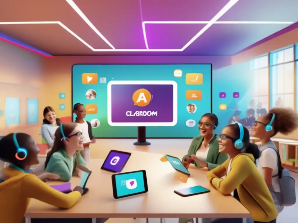 Aula futurista: aprendizaje de idiomas con realidad aumentada Explora los beneficios de la realidad aumentada en la enseñanza de idiomas en un aula vibrante y moderna