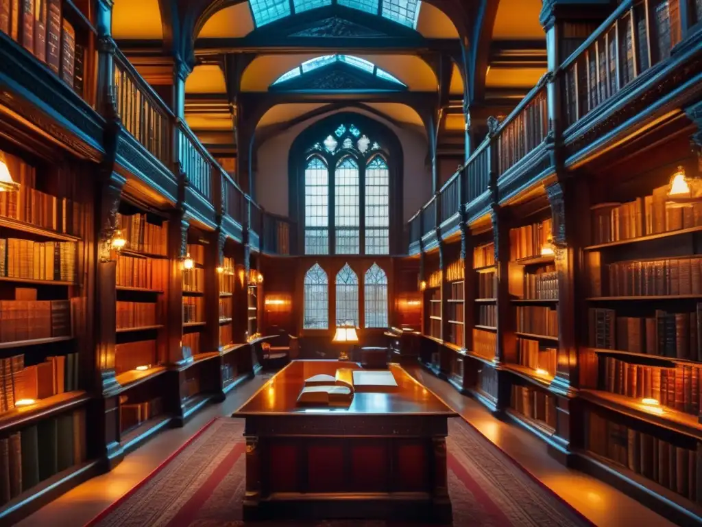 En una biblioteca antigua, estanterías repletas de libros de cuero, iluminadas por luz cálida