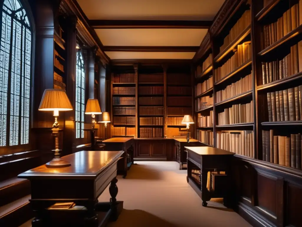 En la biblioteca antigua, un lector se sumerge en el simbolismo baudelairiano rodeado de libros y calma intelectual