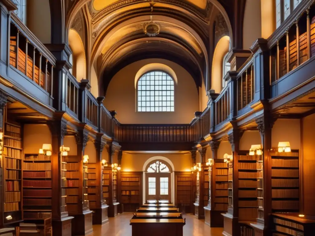 Una biblioteca impresionante muestra estanterías llenas de libros antiguos en un cálido y luminoso ambiente