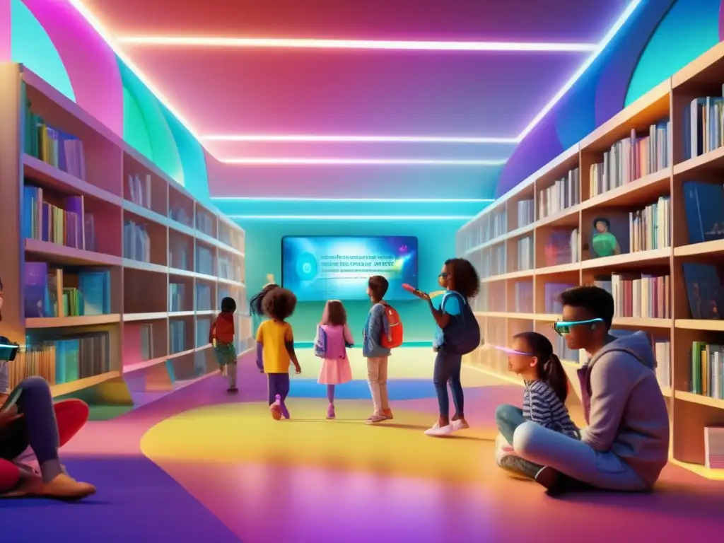 Una biblioteca moderna llena de colores vibrantes y tecnología futurista