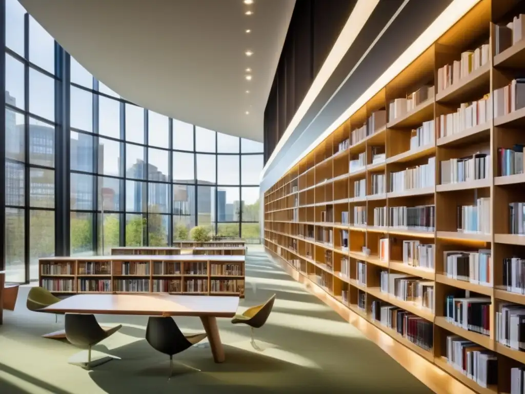 Biblioteca moderna: aprendizaje digital en un entorno acogedor Una biblioteca moderna y luminosa llena de libros electrónicos y tabletas