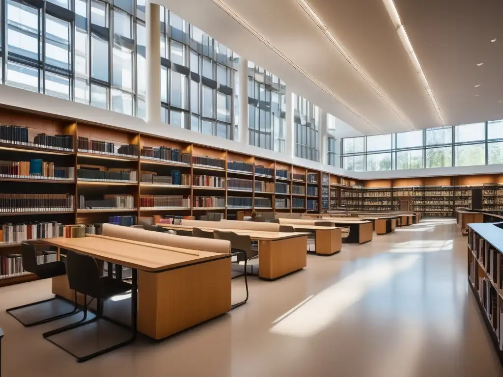 Una biblioteca universitaria vibrante, llena de luz natural y estudiantes inmersos en sus estudios