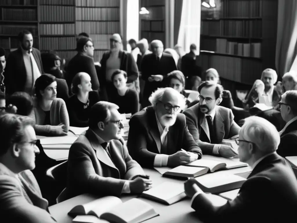 Una fotografía en blanco y negro de un concurrido evento literario en Europa, con destacados autores y eruditos inmersos en profundas conversaciones