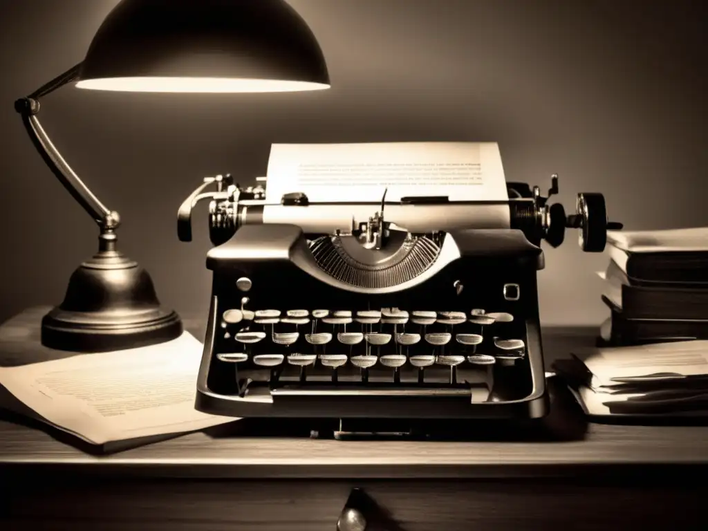 Una fotografía en blanco y negro de una máquina de escribir en un escritorio de madera, iluminada por una lámpara vintage