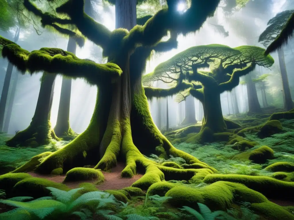 Un bosque denso lleno de altos árboles antiguos cubiertos de musgo verde vibrante