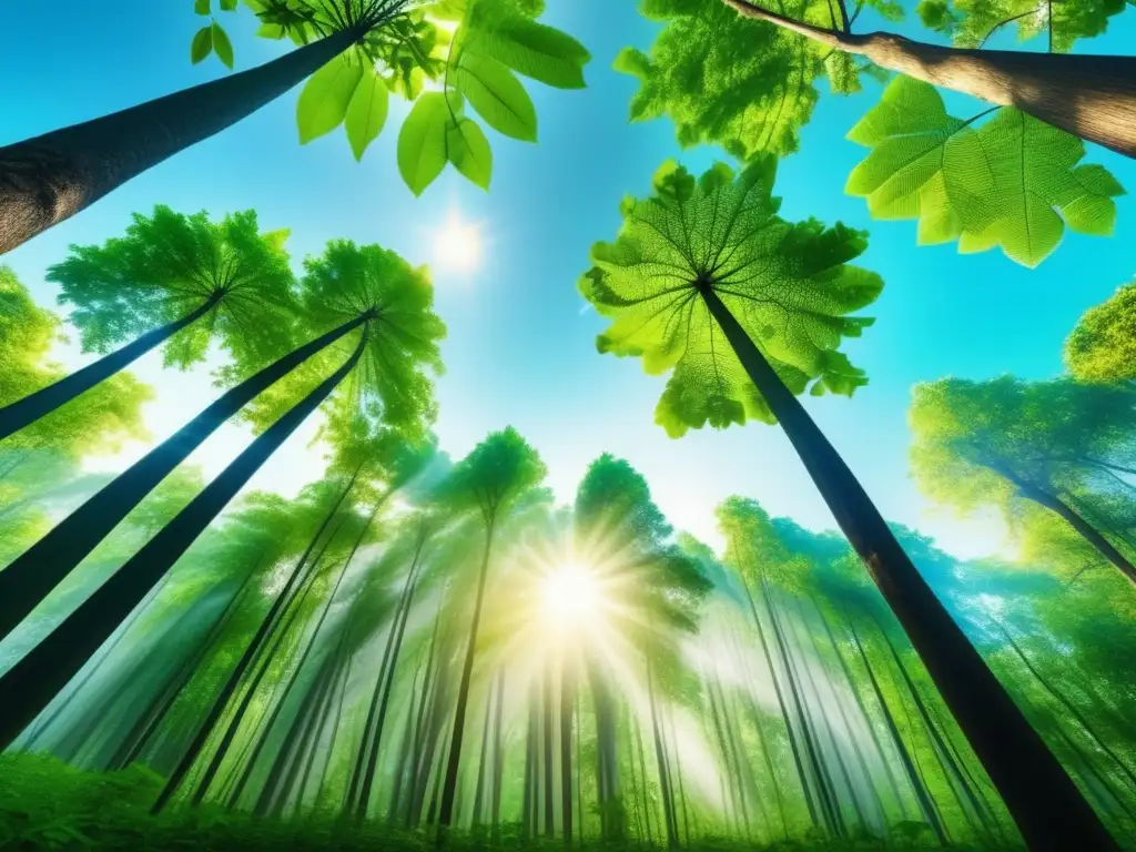 Un bosque verde exuberante: la belleza de la naturaleza y la química verde Un bosque exuberante bañado por la luz del sol, sus hojas verdes vibrantes contrastan con el cielo azul