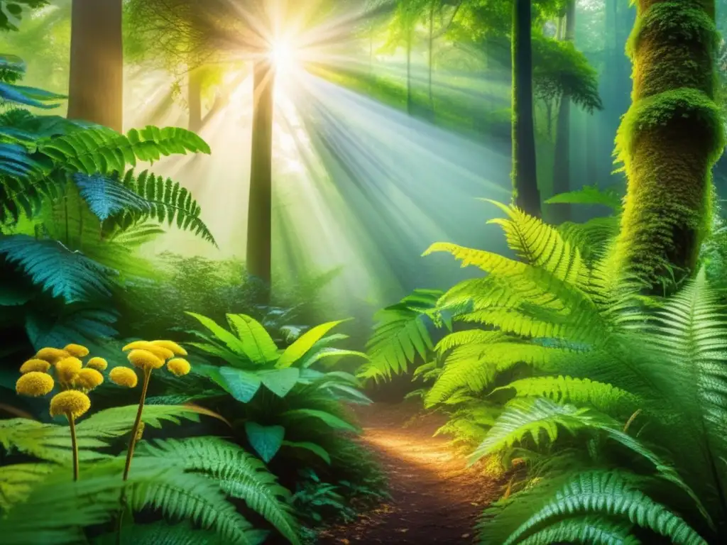 Un bosque exuberante y cautivador, bañado por rayos dorados de sol filtrándose entre el denso dosel
