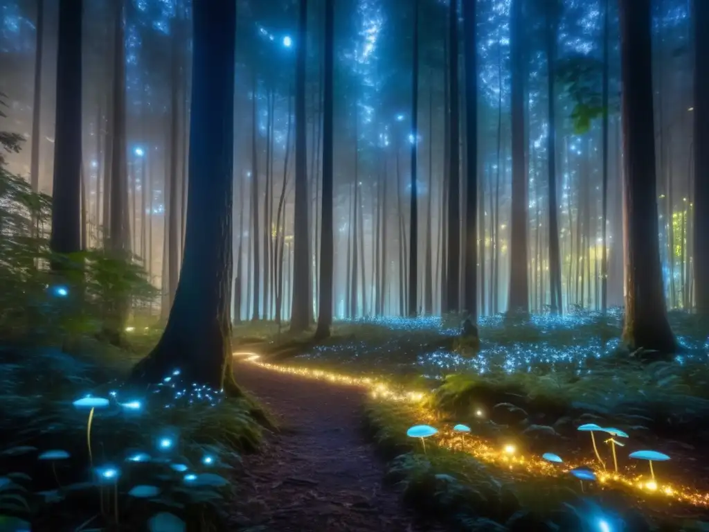 Un bosque oscuro iluminado por la mágica bioluminiscencia