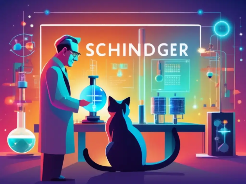 Dos brillantes mentes de la Mecánica Cuántica, Schrödinger y Heisenberg, inmersos en un laboratorio futurista rodeados de equipos científicos y partículas cuánticas brillantes