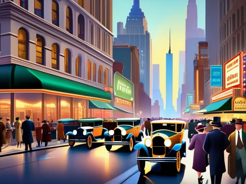 En la bulliciosa calle de Nueva York de los años 20, los rascacielos se alzan junto a los autos antiguos y las personas elegantemente vestidas