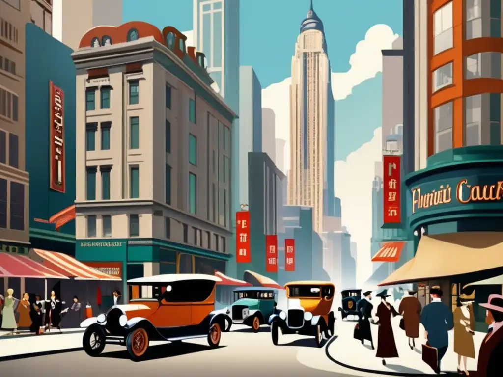 Una bulliciosa calle de la ciudad en los años 20, llena de gente elegante y edificios modernos, capturando el cambio social en los años 20