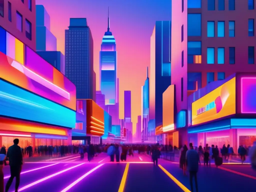 Un bullicioso atardecer en la ciudad moderna, con arte urbano vibrante y luces de neón