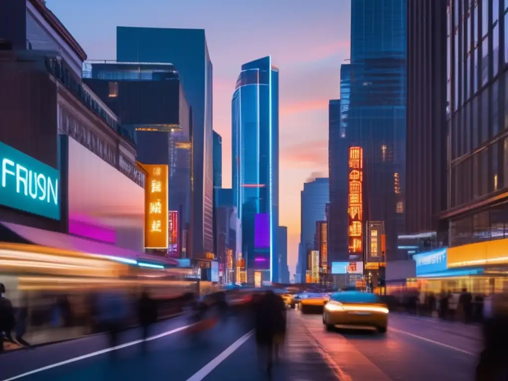 Un bullicioso atardecer en la ciudad, con rascacielos modernos y tráfico frenético