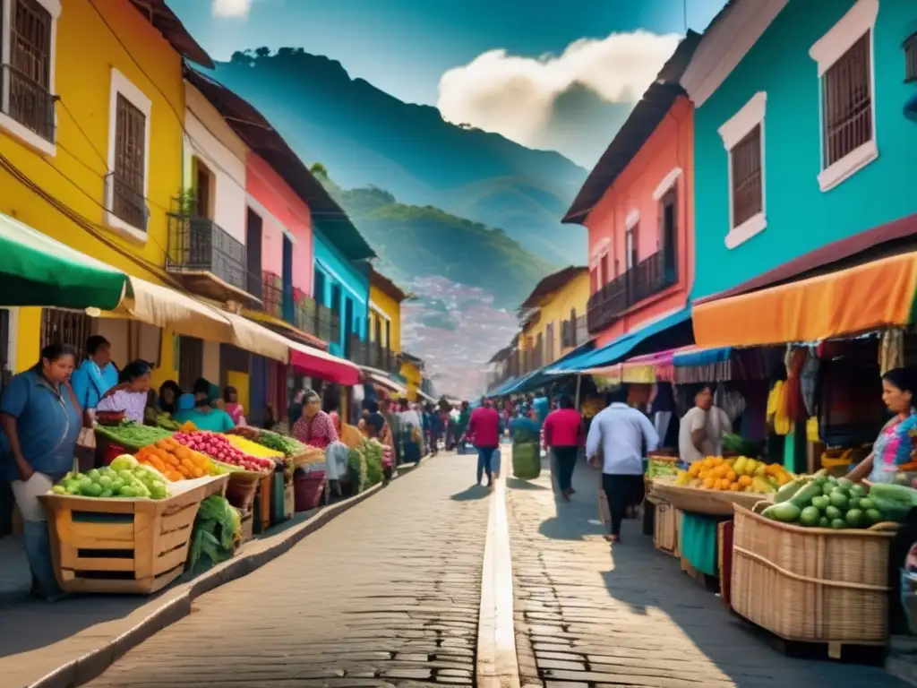 Un bullicioso y colorido paisaje urbano en América Latina, reflejando la diversidad y la cultura vibrante