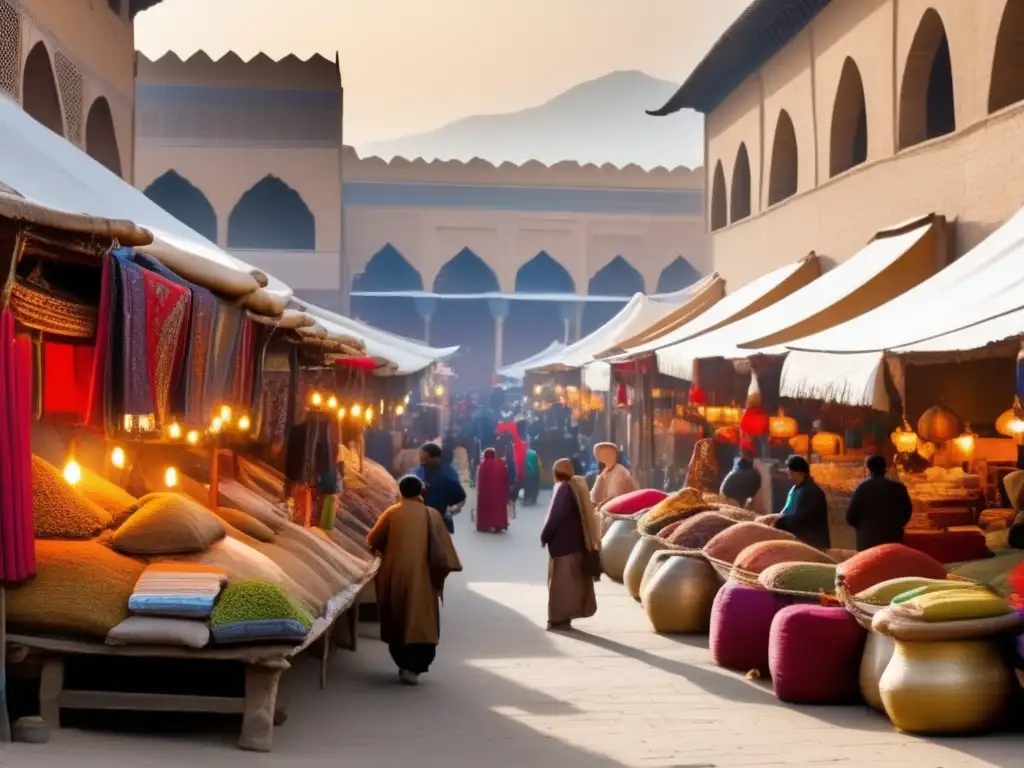 En un bullicioso mercado antiguo a lo largo de la Ruta de la Seda, los comerciantes venden textiles coloridos, especias y productos exóticos