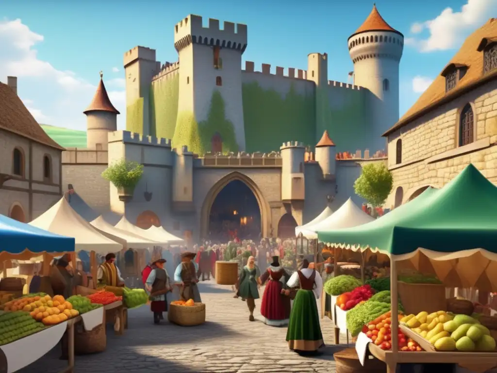 En un bullicioso mercado medieval, vendedores ofrecen frutas, verduras y textiles bajo la sombra de un imponente castillo de piedra