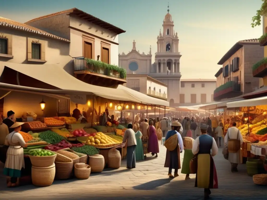 En un bullicioso mercado del Siglo de Oro, vendedores ofrecen frutas, verduras y textiles