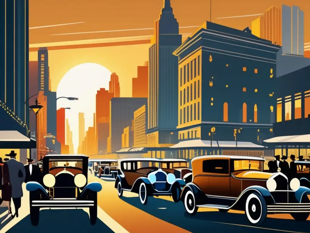 Un bullicioso paisaje urbano de los años 20, con elegantes automóviles, personas con estilo y rascacielos imponentes
