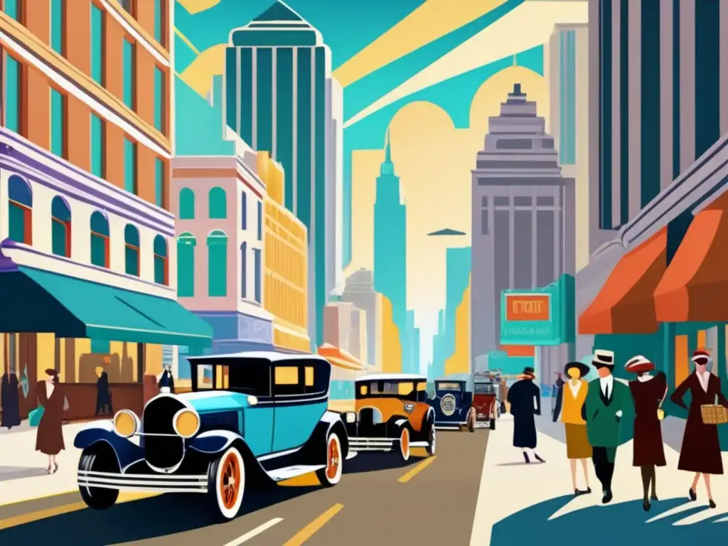 Un bullicioso paisaje urbano de los años 20 en América, lleno de autos antiguos, tiendas coloridas y peatones elegantes