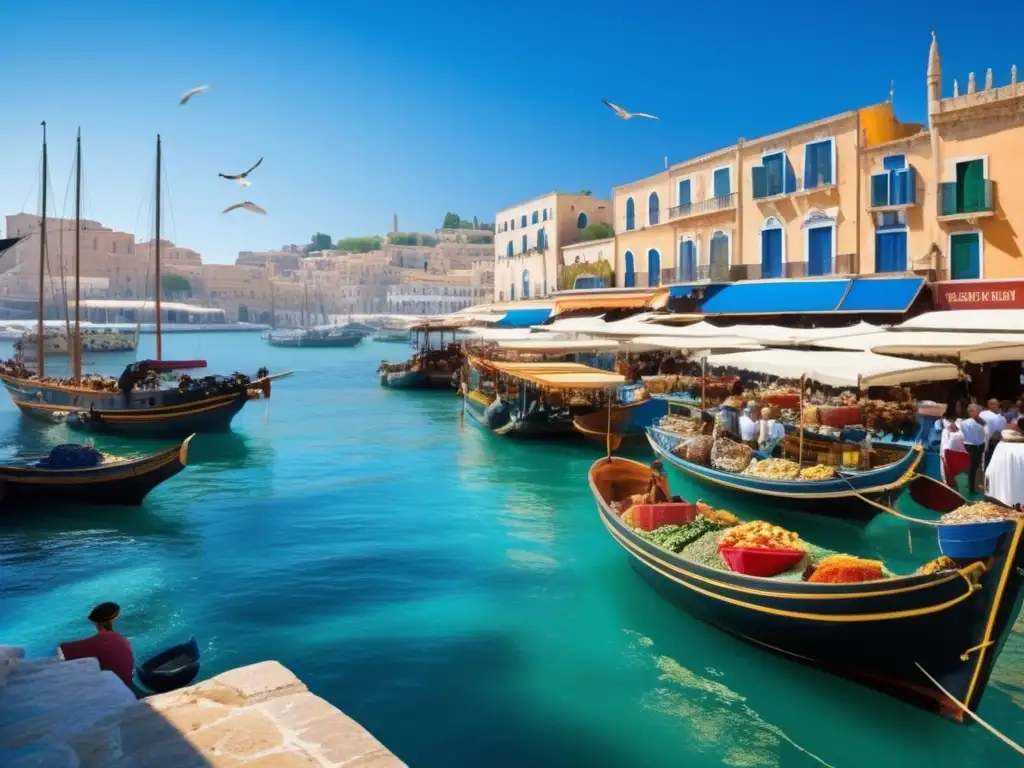 Un bullicioso puerto mediterráneo antiguo, con barcos mercantes y comerciantes negociando bajo el cálido sol