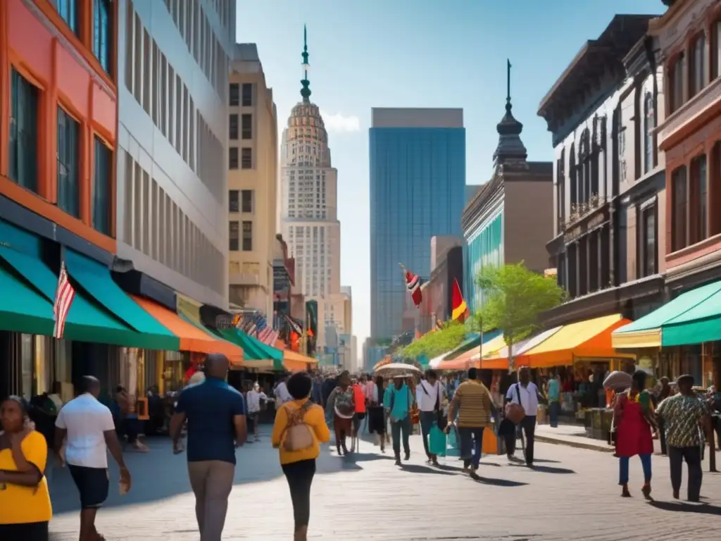 Un bullicioso y vibrante cruce de calles en una ciudad, reflejando la diversidad cultural y los desafíos de la política migratoria en América