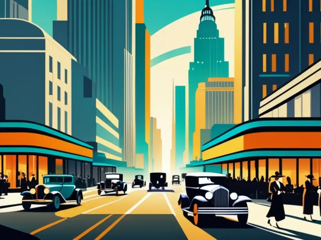 Un bullicioso y vibrante paisaje urbano de los años 20, reflejando el cambio social con modernos automóviles, elegantes peatones y rascacielos iluminados