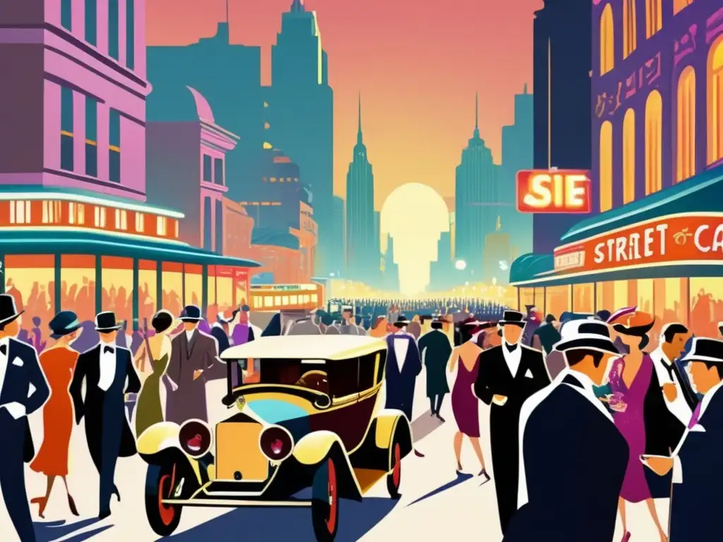 Un bullicioso y vibrante paisaje urbano de los años 20, con gente elegante y edificios iluminados por luces de neón