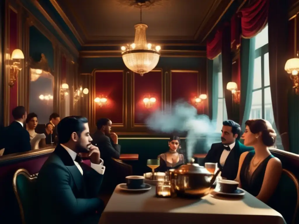 En un café parisino opulento, elegantes conversaciones y expresiones melancólicas se entrelazan, evocando la literatura decadentista y Belle Époque