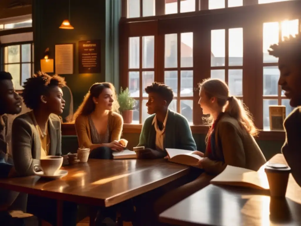 En una cafetería bohemia, jóvenes vestidos vintage escuchan apasionadamente recitar poesía, creando un ambiente beatnik