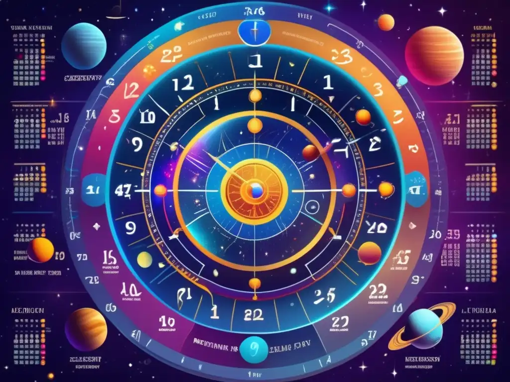 Un calendario cósmico universo tiempo: arte celestial vibrante y detalles intrincados, con diseño moderno y futurista