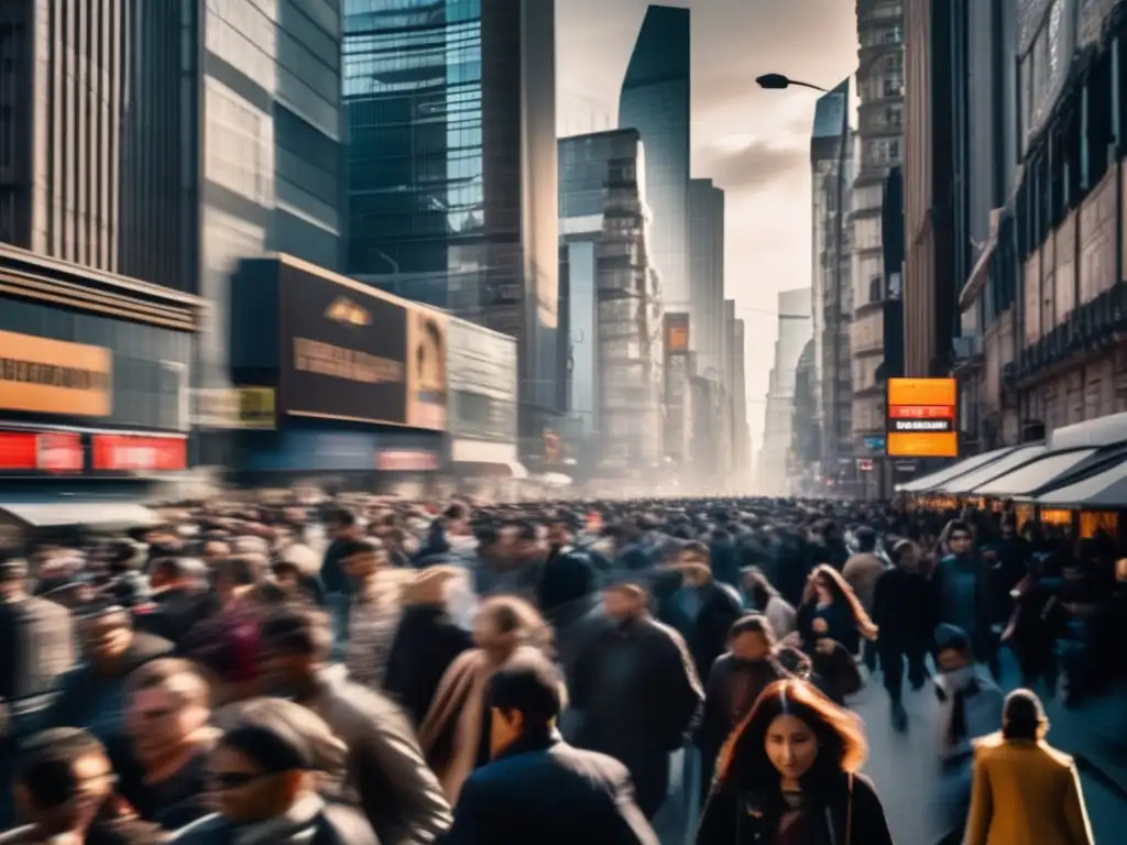 Una calle abarrotada de una ciudad, con edificios altos y personas moviéndose rápidamente en todas direcciones