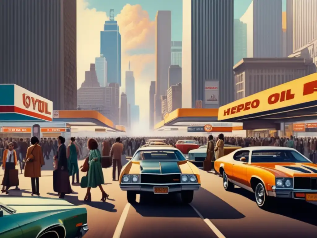 Una calle bulliciosa de la ciudad en los años 70, con largas filas de autos en gasolineras, reflejando el Impacto de la Crisis del Petróleo