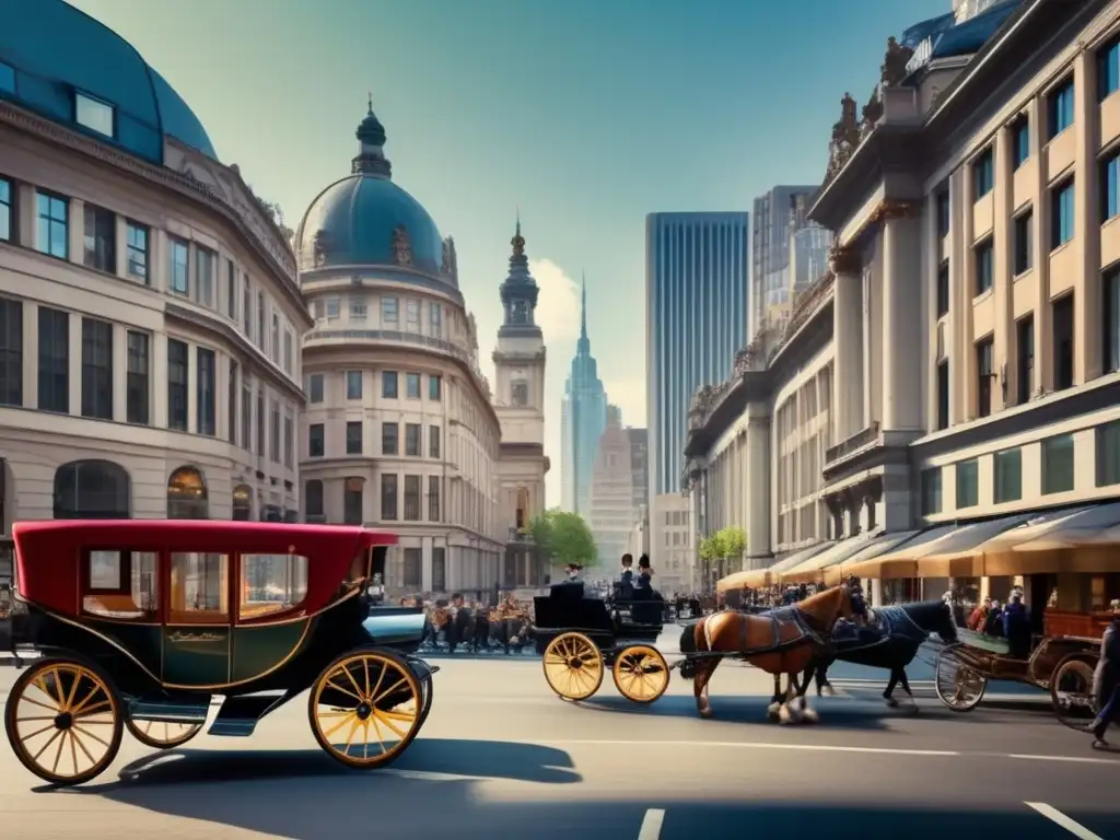 Una calle bulliciosa de una ciudad, con arquitectura moderna y gente paseando junto a carruajes antiguos y autos clásicos