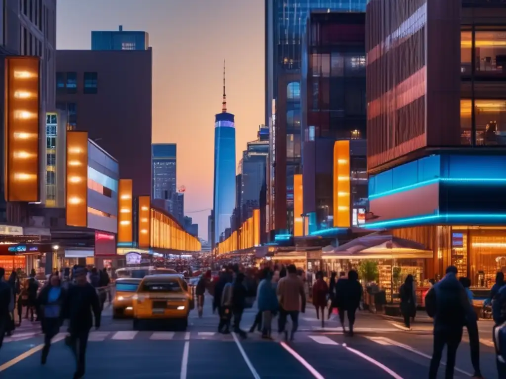 Una calle bulliciosa al anochecer, con edificios modernos y luces de neón