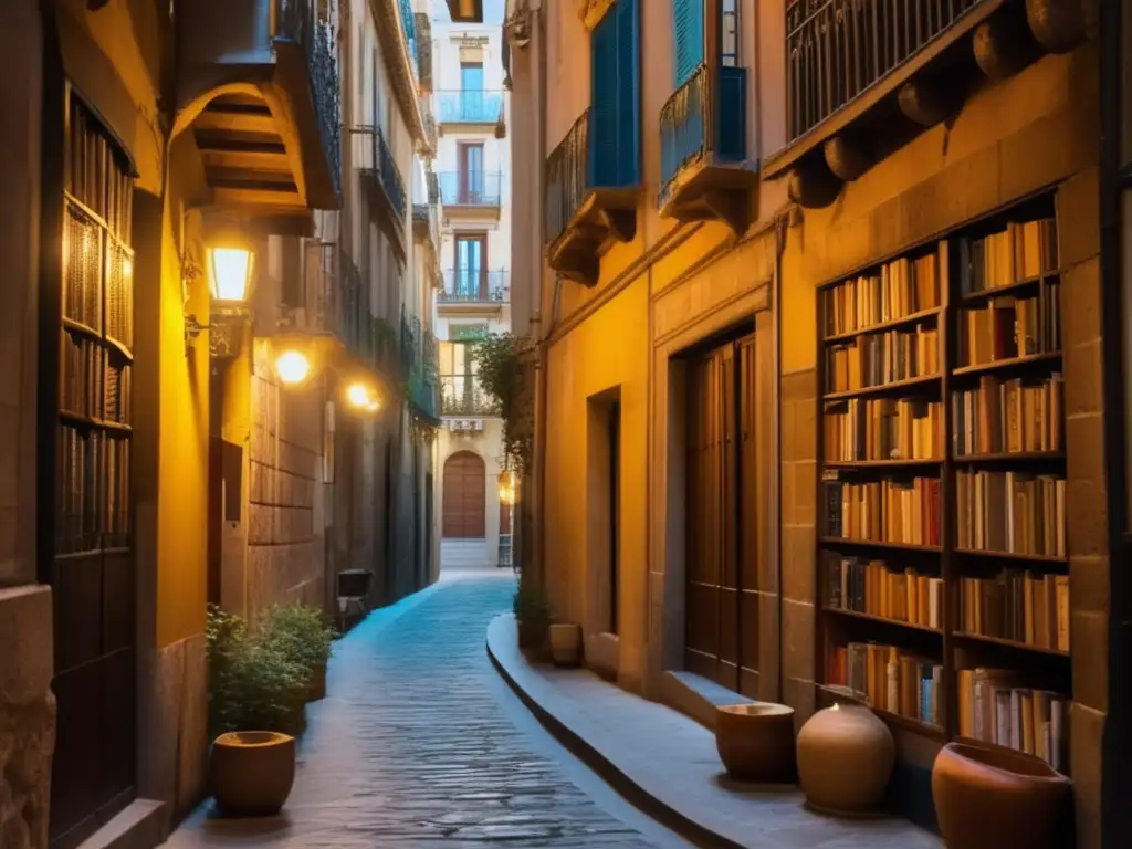 En un callejón de Barcelona, libros antiguos y misterio se entrelazan bajo la luz tenue