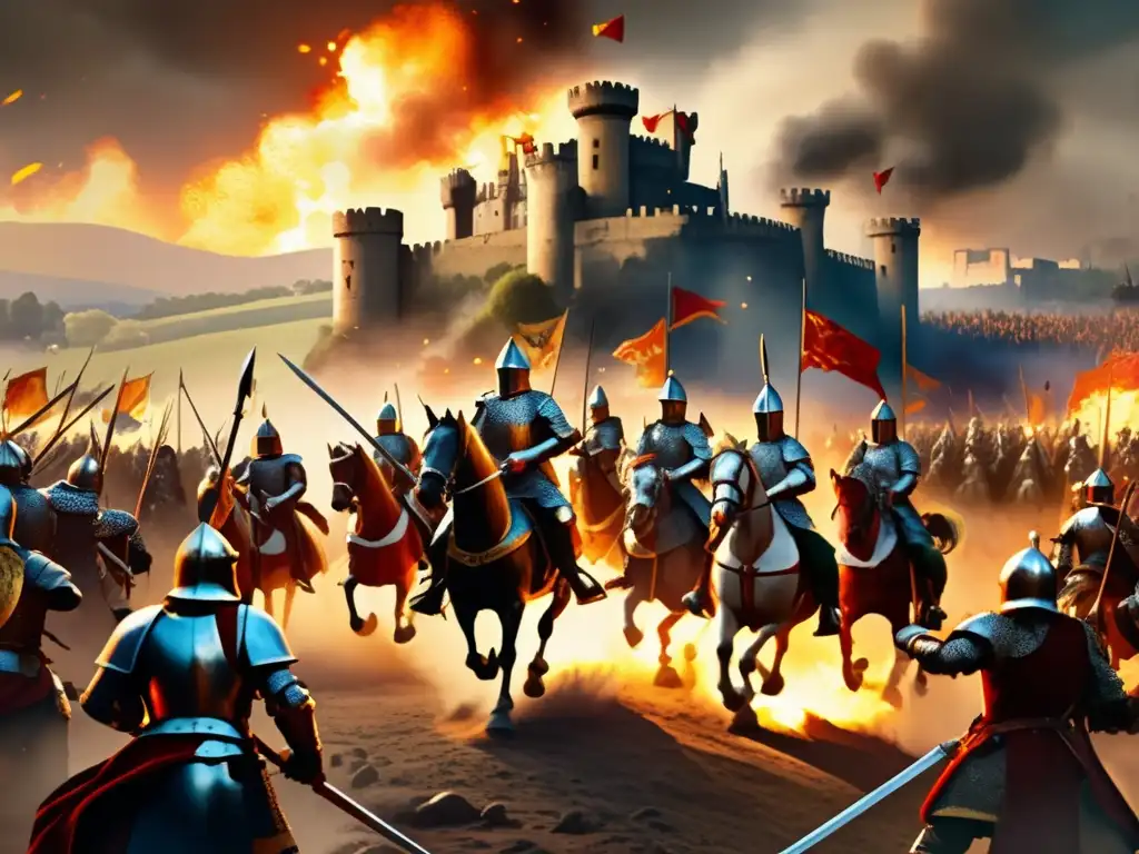 Un campo de batalla medieval, con caballeros en armadura y banderas ondeando, refleja la intensidad de las Cruzadas en la Edad Media