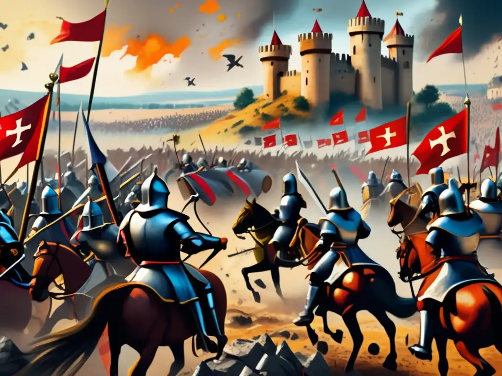 Un campo de batalla medieval durante las Cruzadas, con caballeros cargando, armas de asedio disparando y banderas ondeando en medio del caos