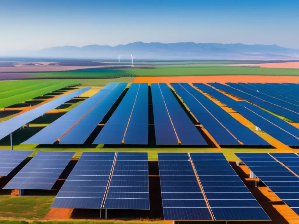 Un campo de brillantes paneles solares se extiende hacia el horizonte bajo un cielo azul claro, con el sol proyectando un cálido resplandor dorado