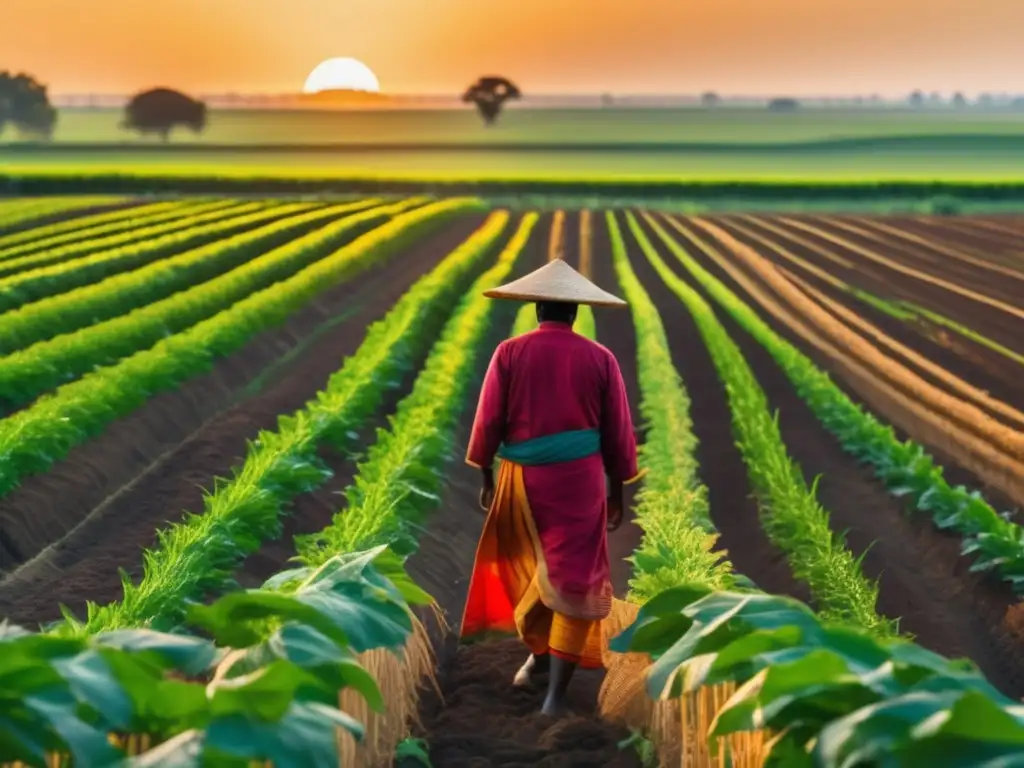 Un campo exuberante de cultivos se extiende hacia el horizonte, bajo el cálido resplandor del sol poniente