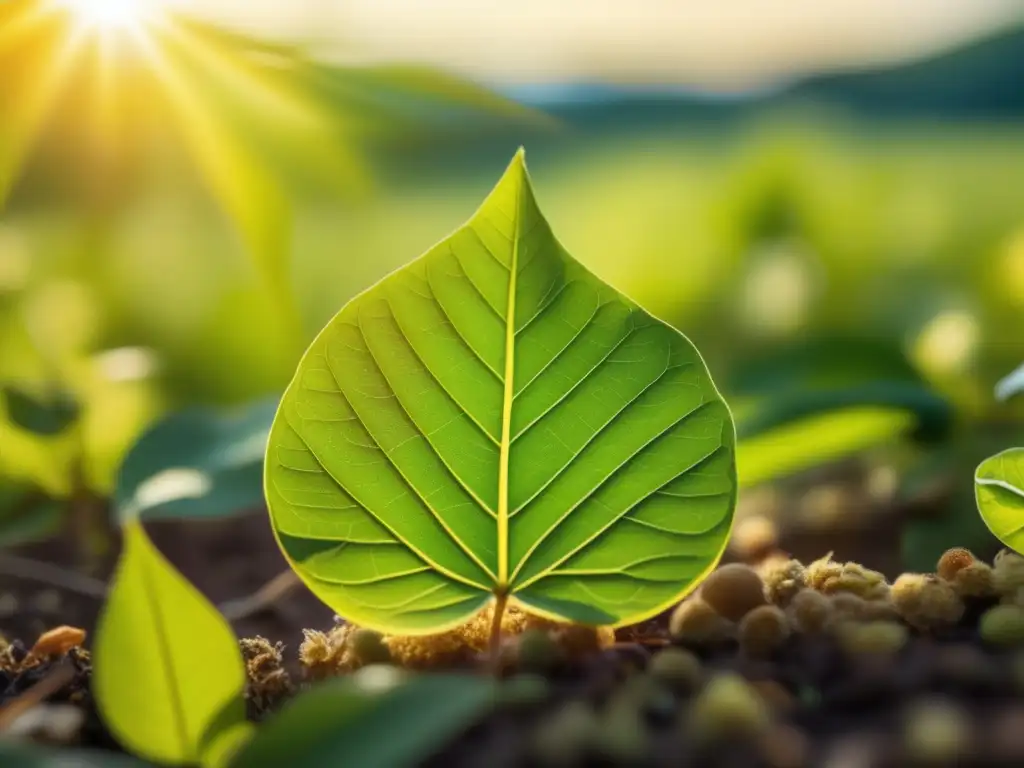 Un campo exuberante y detallado, bañado por la cálida luz del sol, muestra una variedad de plantas verdes