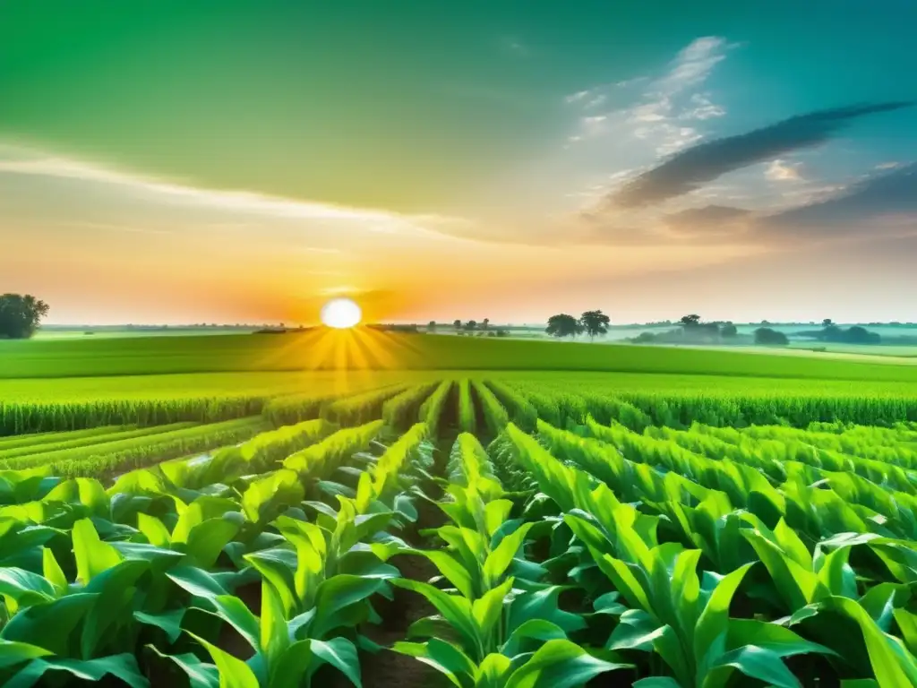 Un campo exuberante y llamativo rebosante de cultivos prósperos, con el sol poniéndose al fondo