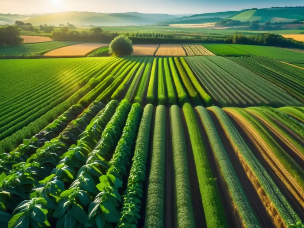 Un campo exuberante y vibrante bañado por la cálida luz dorada del sol