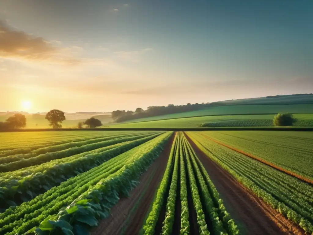 Un campo exuberante y vibrante se extiende hasta el horizonte, lleno de cultivos saludables