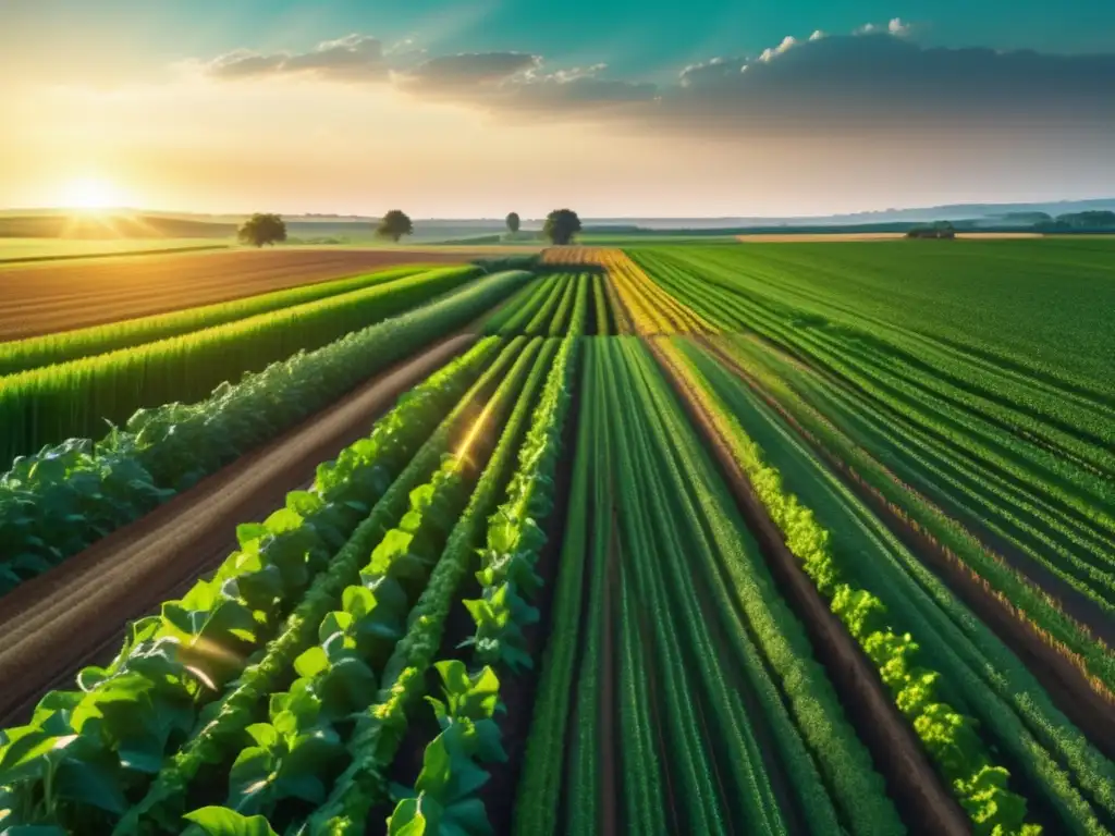 Un campo exuberante y vibrante se extiende hasta donde alcanza la vista, repleto de cultivos saludables